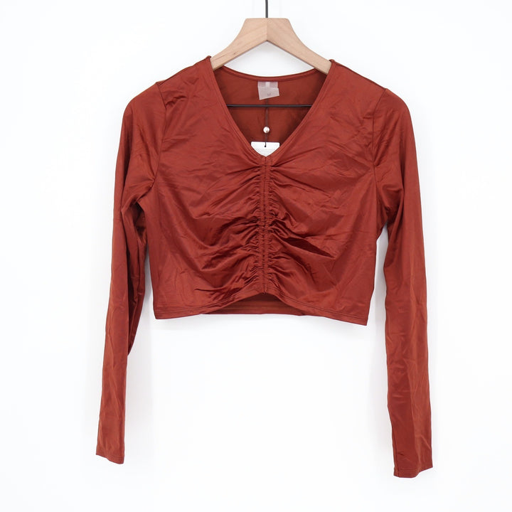 Calia Womens Ruched Rash Guard Red Brown Shine Long Sleeve Crop Top UPF 50+ M