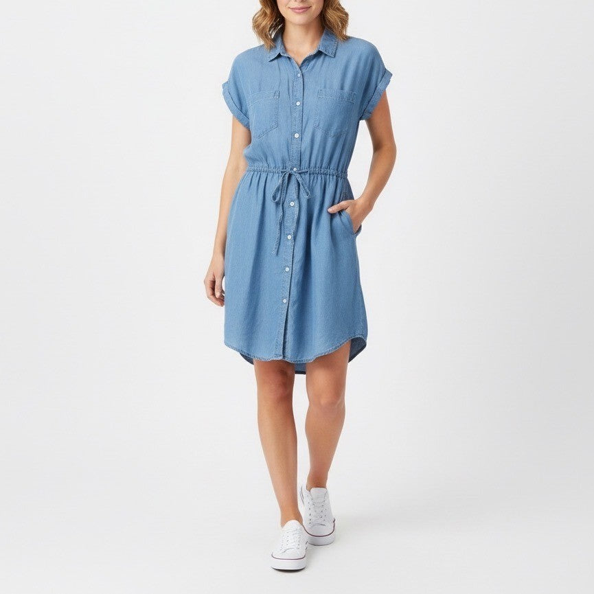 Japna Shirt Dress Women M Blue Denim Short Sleeve Spread Collar Drawstring Waist
