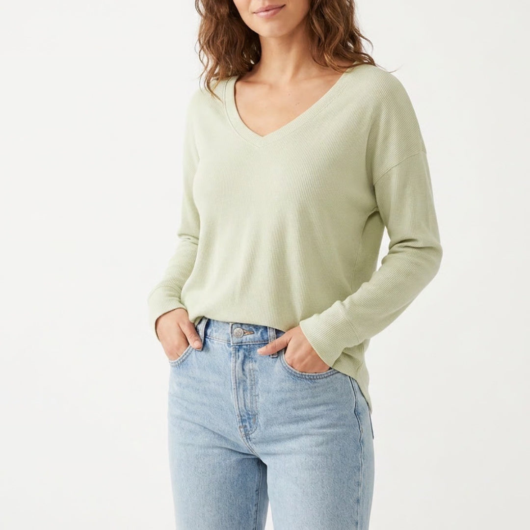 Lou & Grey T-Shirt Women Large Lime Green Stretch Waffle Knit V-Neck Long Sleeve