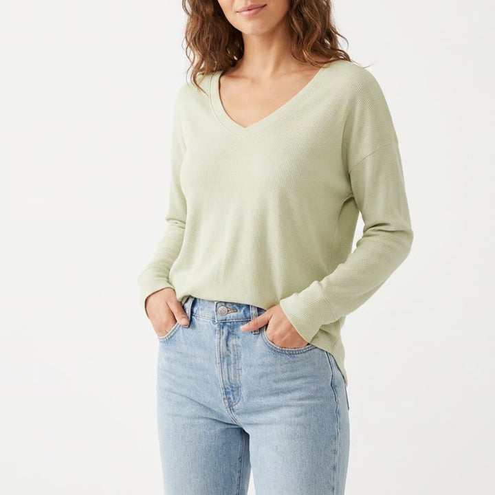 Lou & Grey T-Shirt Women Large Lime Green Stretch Waffle Knit V-Neck Long Sleeve