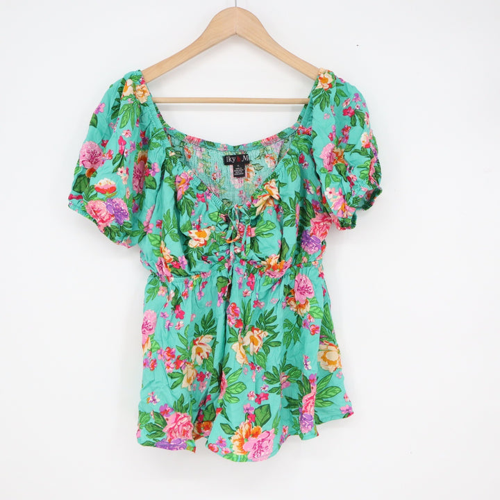 Sky & Moon Floral Smocked Back Tie Front Puff Sleeve Top Teal XL