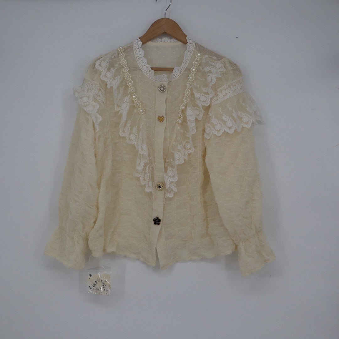 Ying Zi Cream Lace Pearl Ruffle Blouse Swiss Dot Mesh Victorian Top XXL