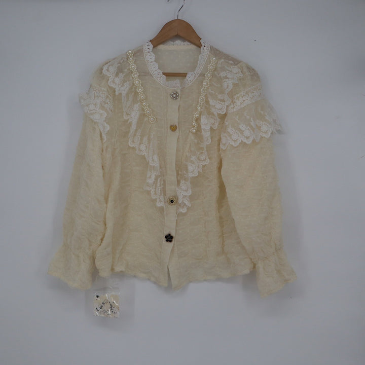 Ying Zi Cream Lace Pearl Ruffle Blouse Swiss Dot Mesh Victorian Top XXL