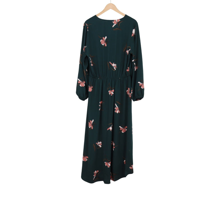 Ava & Viv Dress Womens 1X Floral Long Sleeve Dark Green V-Neck Midi Excellent