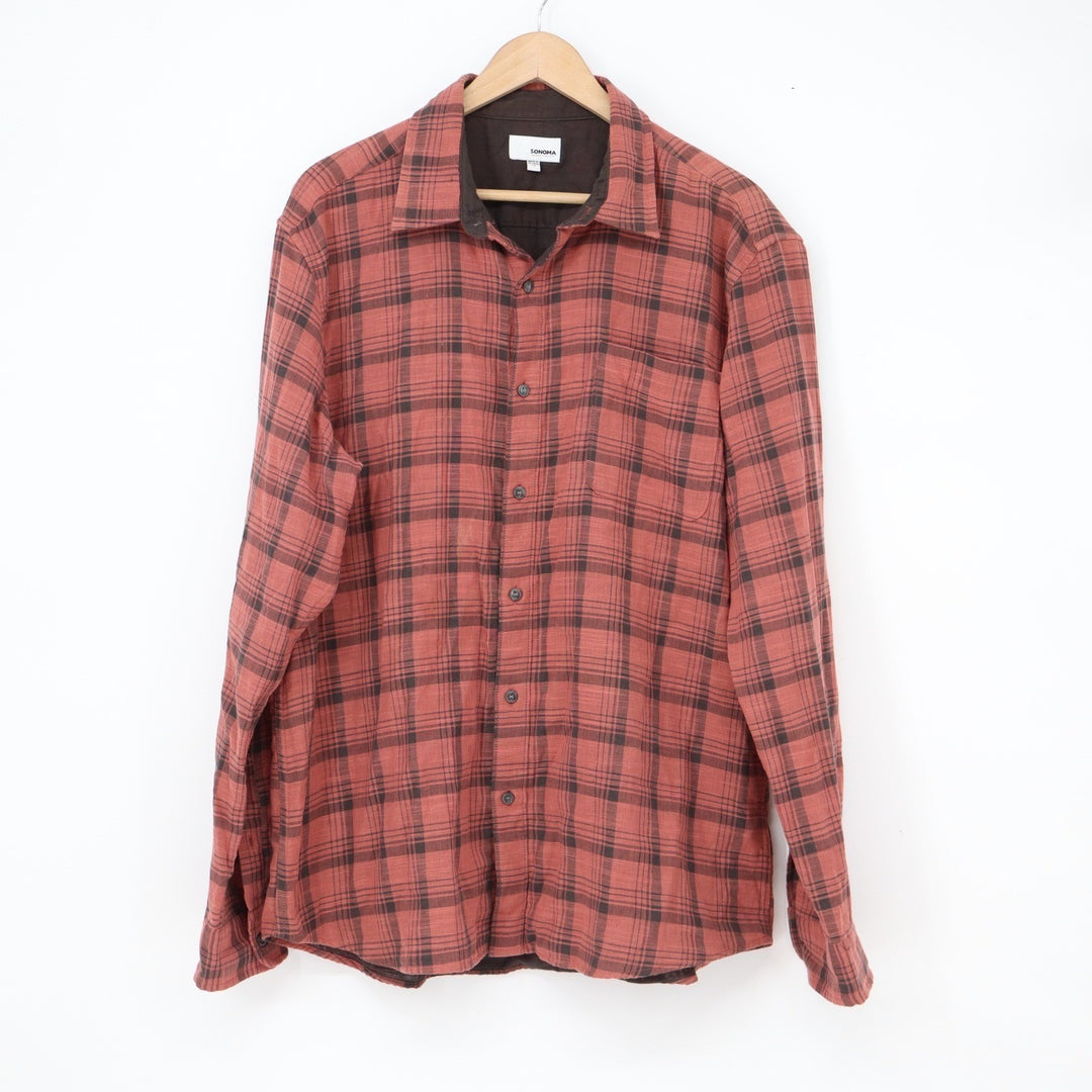 Sonoma Goods For Life Mens XL Red Black Plaid Flannel Button Down Shirt