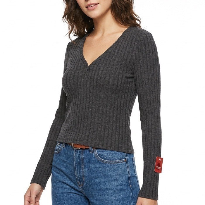 State Of Day Intimates Sleep Top Womens L Faded Black Stretch Ribbed Henley Neck