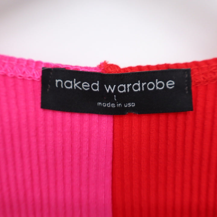 Naked Wardrobe Pink Red Color Block Ribbed Midi Dress Large
