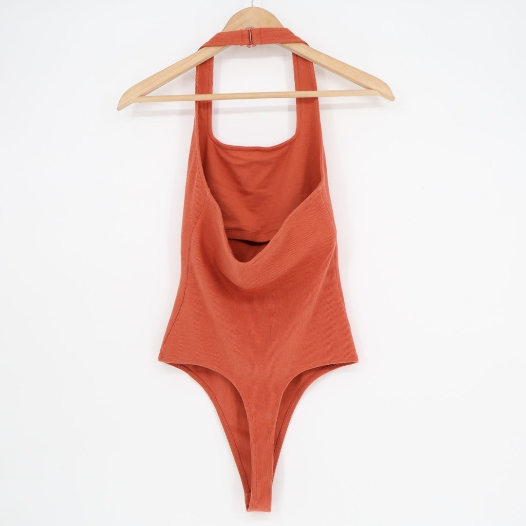 American Eagle Outfitters Bodysuit Womens Medium Orange Cotton Stretch Ribbed