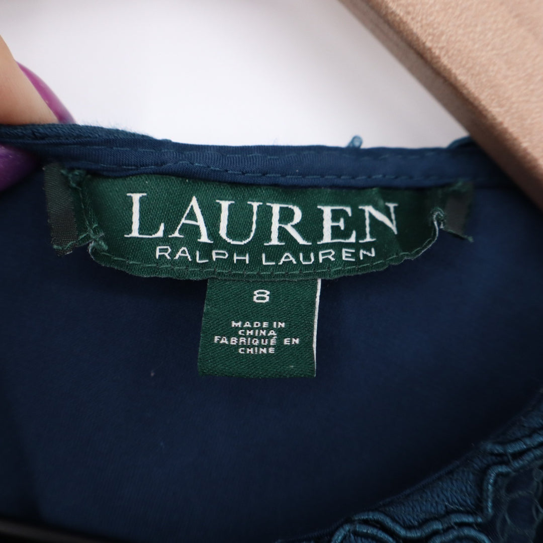 Lauren Ralph Lauren Sheath Dress Womens 8 Blue Floral Lace Detail Short Sleeve