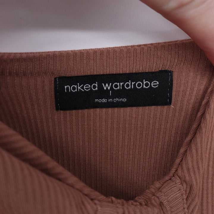 Naked Wardrobe Mauve Brown Ribbed Bustier Midi Bodycon Dress NW-D2420 Size L