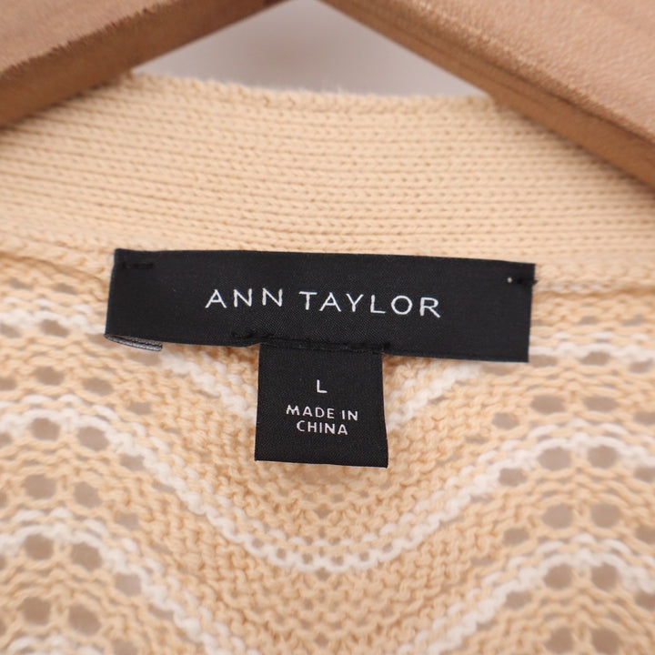 Ann Taylor Beige White Chevron Pointelle Cotton Cardigan Gold Buttons Large