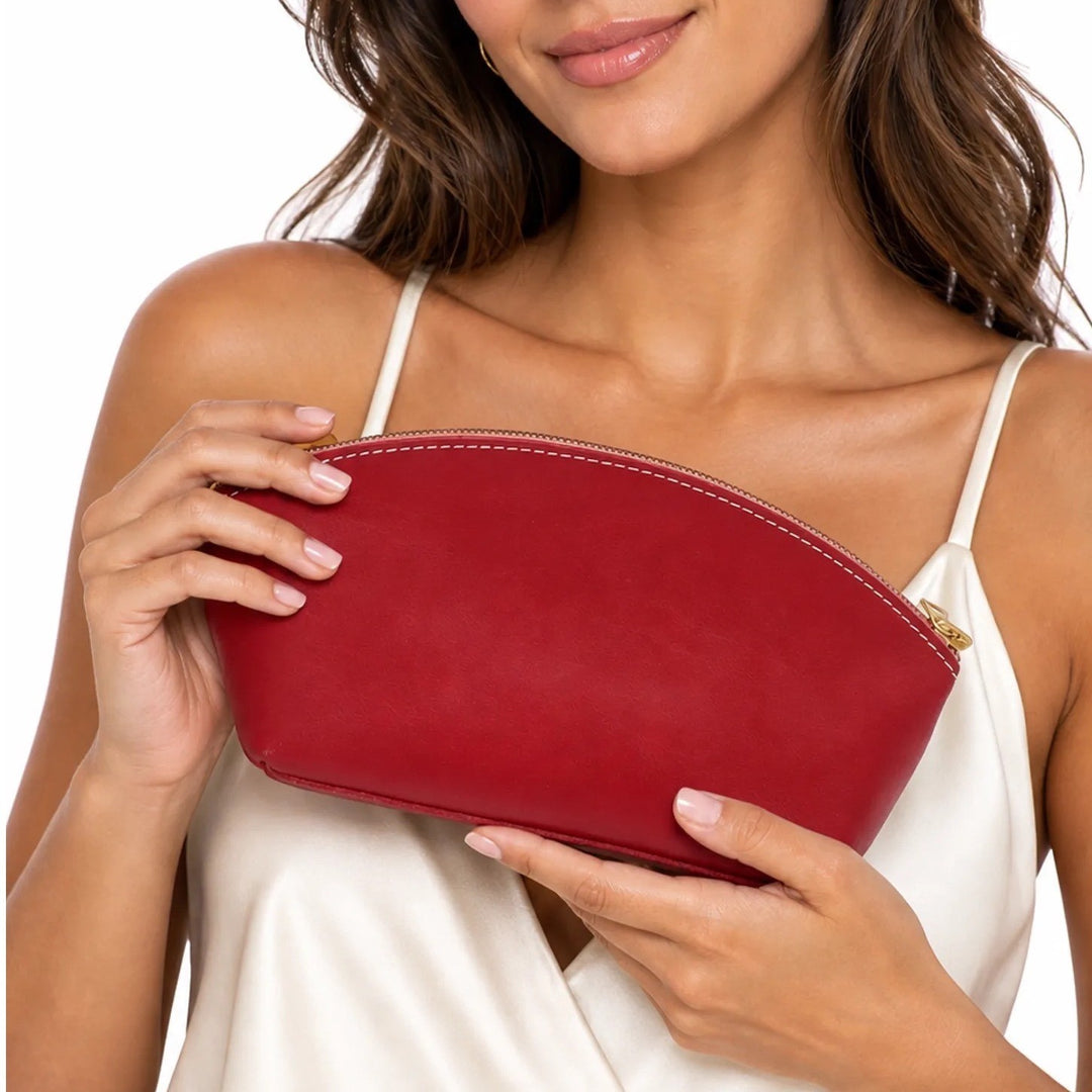 Red Leather Dome Cosmetic Makeup Bag Travel Pouch Gold Zipper Contrast Stitch