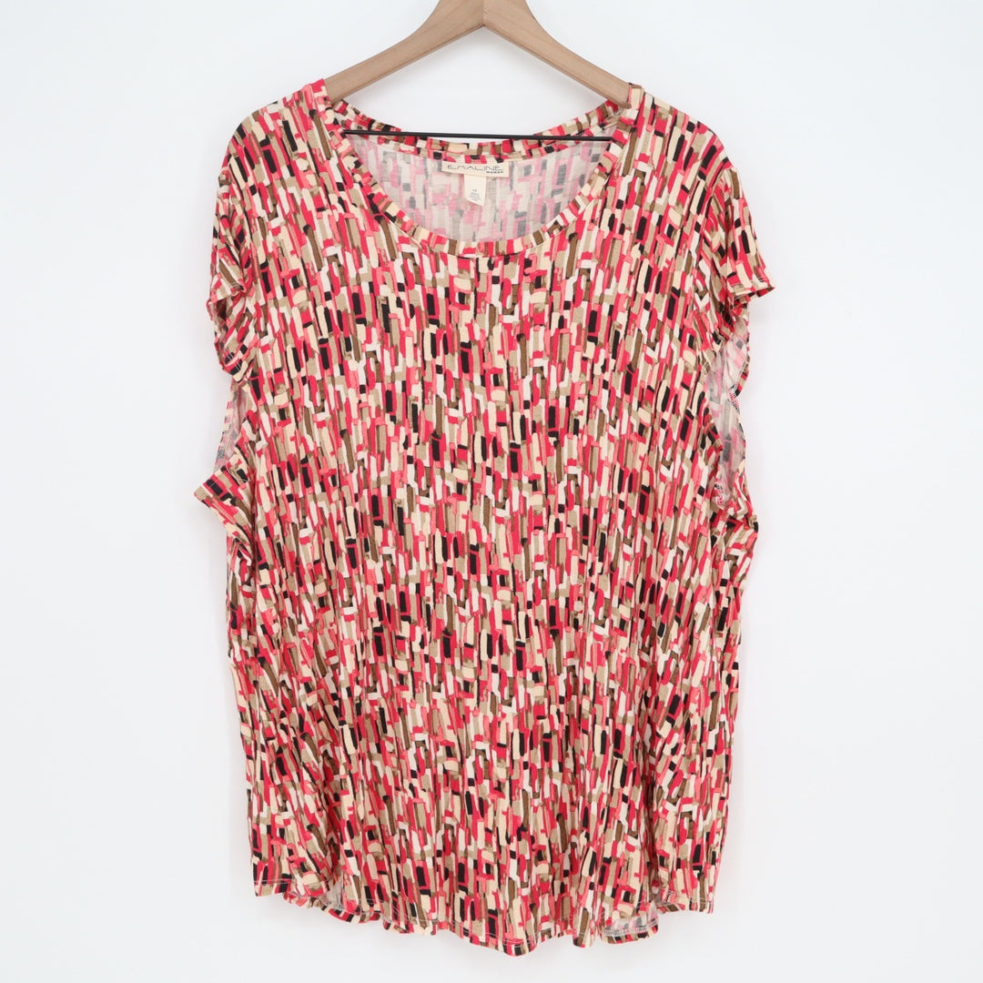 Emaline Top Womens 2X Geometric Abstract Pink Multi Short Sleeve Stretch