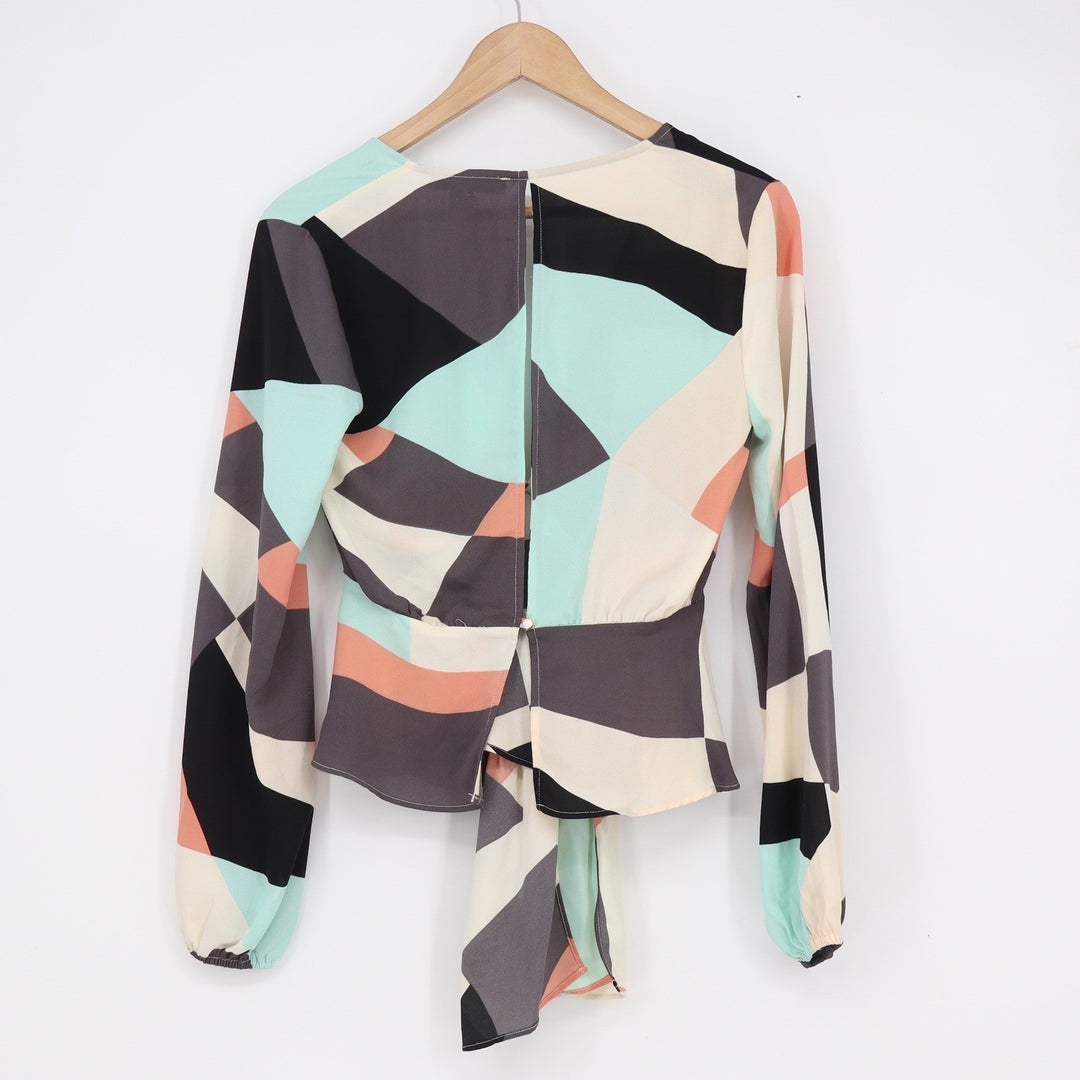 Forever 21 Contemporary Geometric Tie Front Blouse XS Multicolor Abstract V-Neck