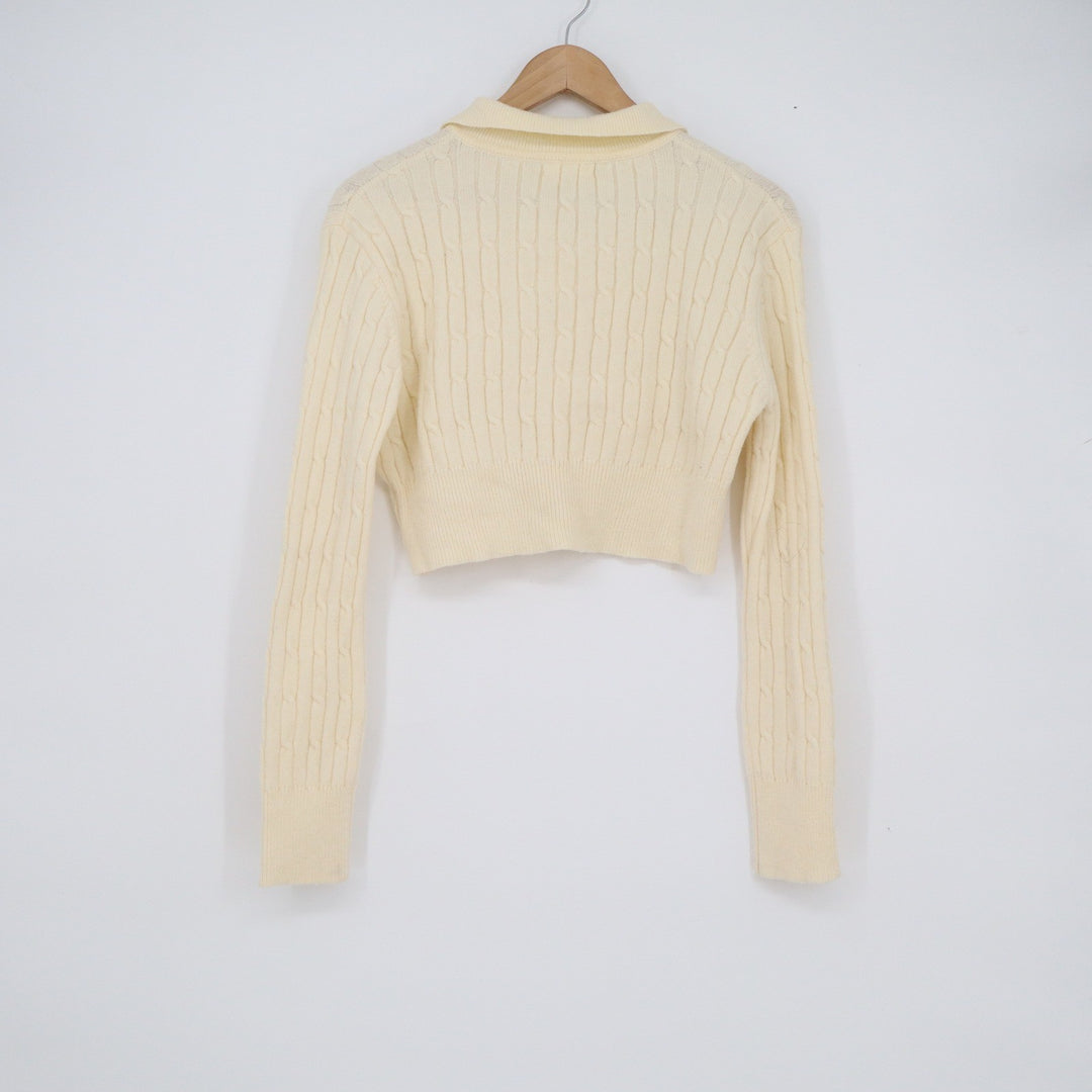 uni+e Cream Cable Knit Cropped Polo Sweater Long Sleeve Cotton Blend Korea