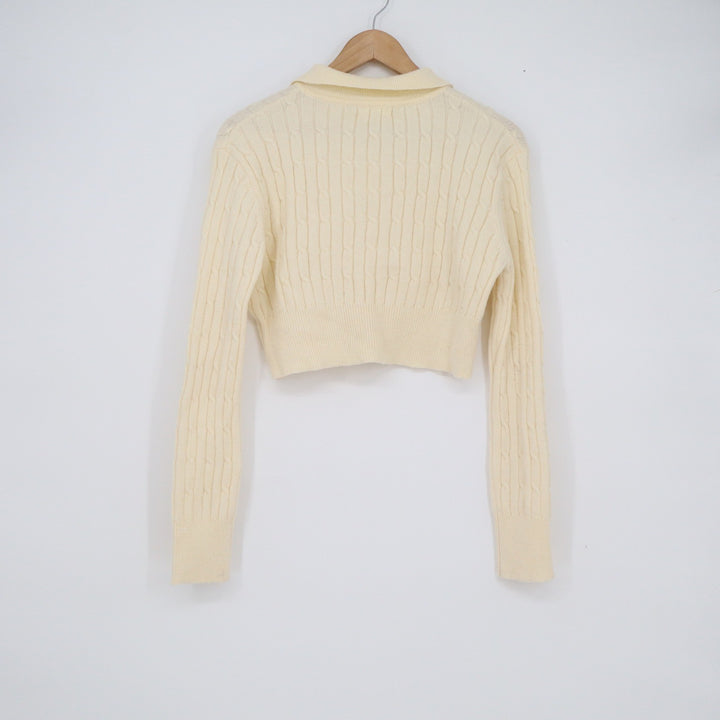uni+e Cream Cable Knit Cropped Polo Sweater Long Sleeve Cotton Blend Korea