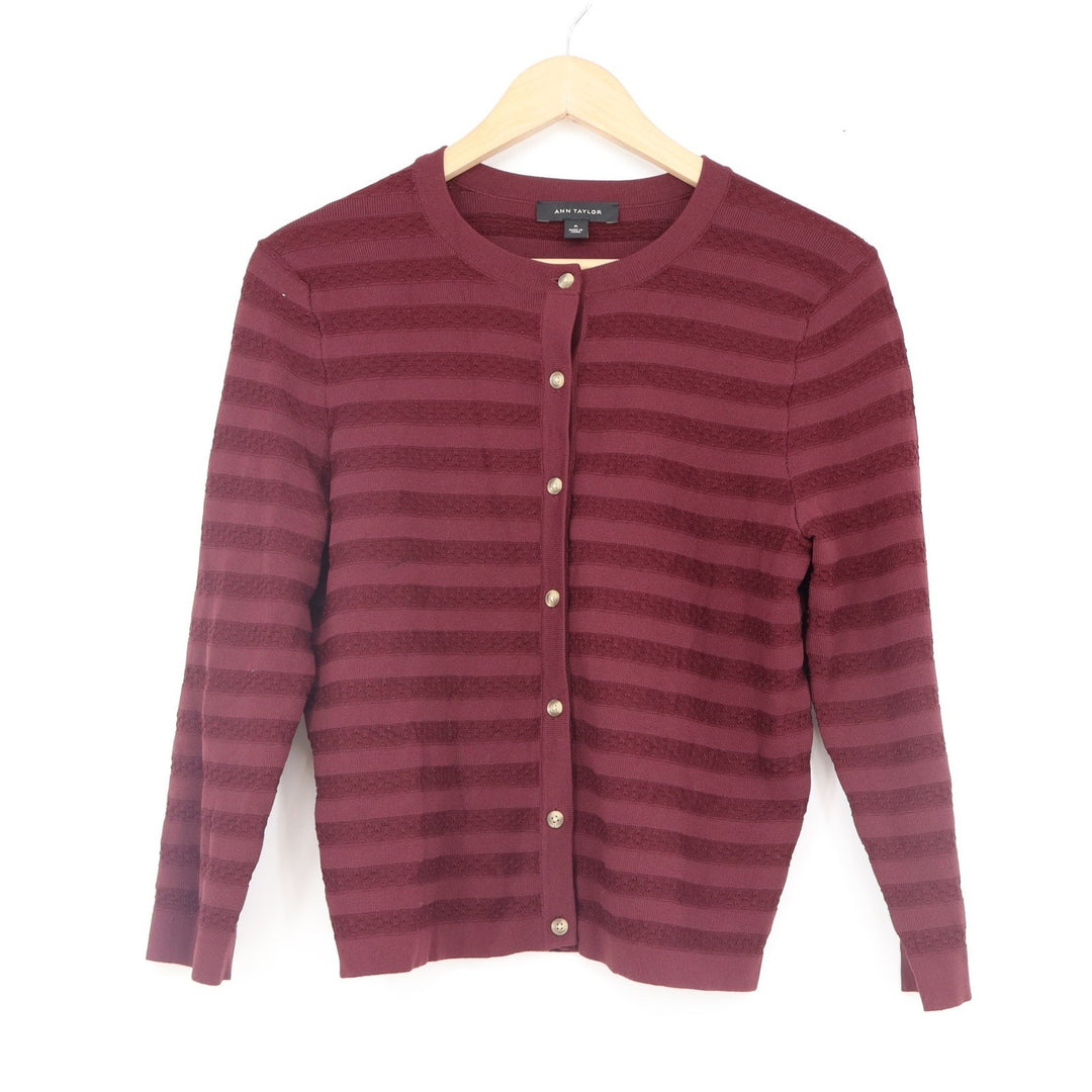 Ann Taylor Burgundy Striped Button Front Cardigan Sweater Womens Size M
