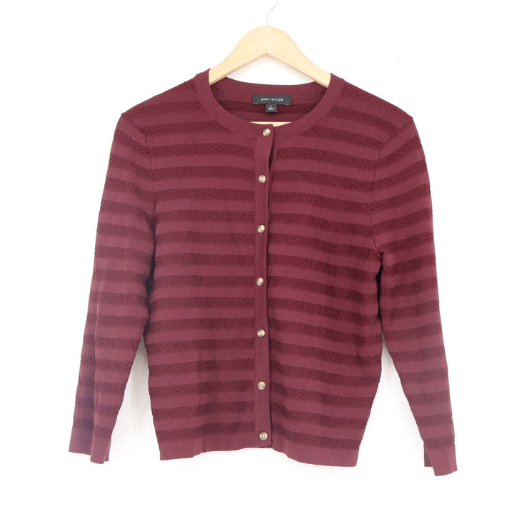 Ann Taylor Burgundy Striped Button Front Cardigan Sweater Womens Size M