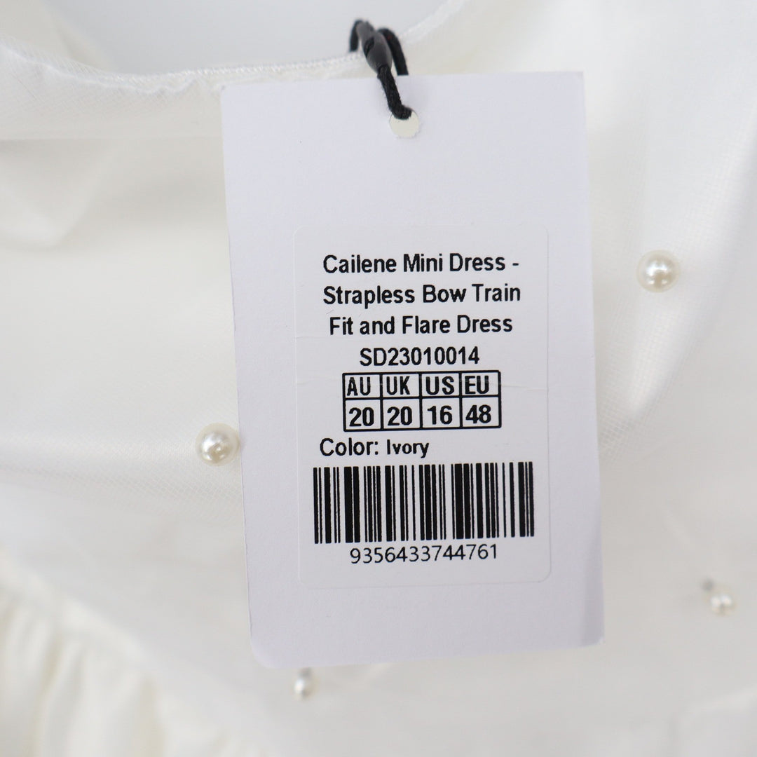 Showpo Cailene Mini Dress Ivory Strapless Pearl Bow Train Fit Flare US 16 NEW