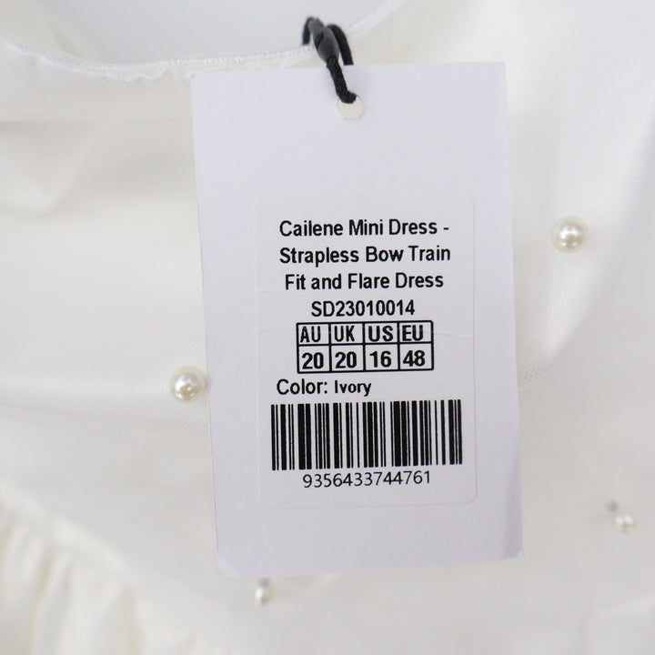 Showpo Cailene Mini Dress Ivory Strapless Pearl Bow Train Fit Flare US 16 NEW