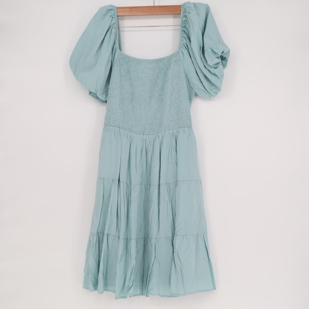 Zesica Light Blue Smocked Puff Sleeve Tiered Mini Dress Large NWT