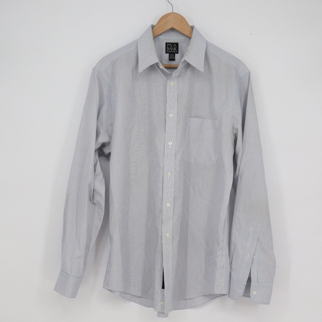 Jos. A. Bank Travelers Collection Slim Fit Blue Check Dress Shirt 16.5 35 Cotton