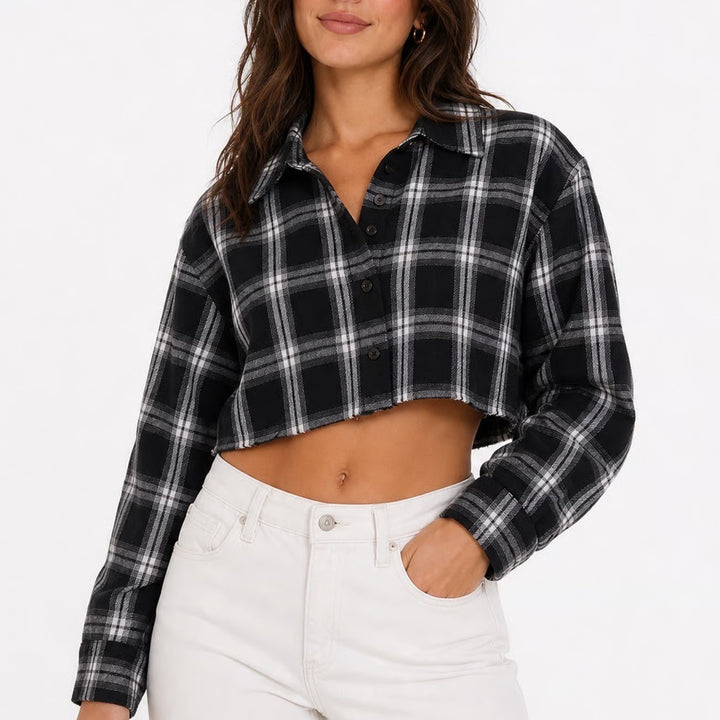 SHEIN Black White Plaid Cropped Flannel Shirt XS