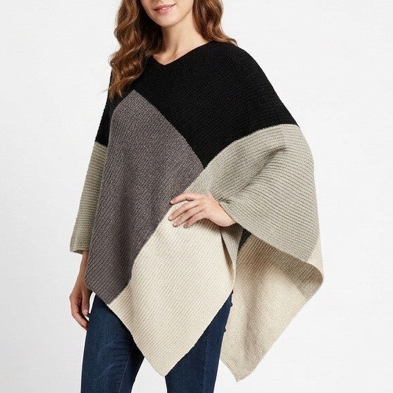 E.Luna Seasonal Fashion Poncho Women's One Size Multi Colorblock Knit Ribbed