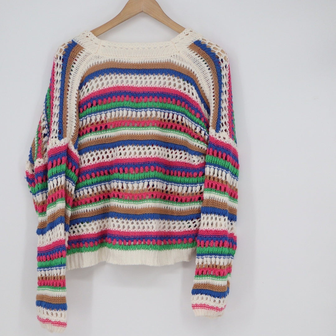 Vigoss Multicolor Striped Crochet Knit Cardigan Sweater XL Button Front Boho