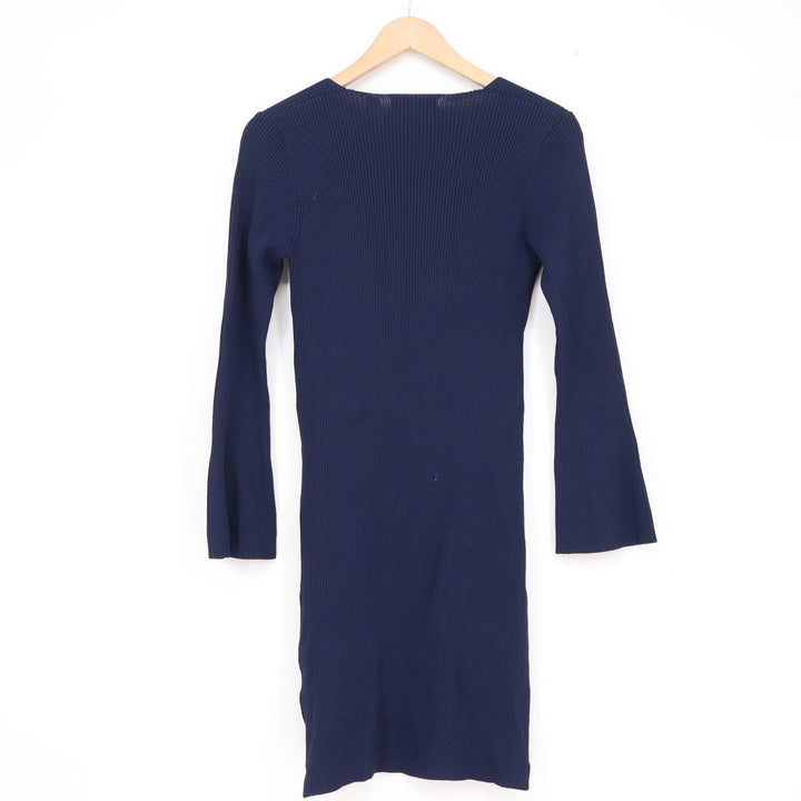 Finders Keepers Navy Blue Ribbed V-Neck Mini Dress Flared Sleeve XS