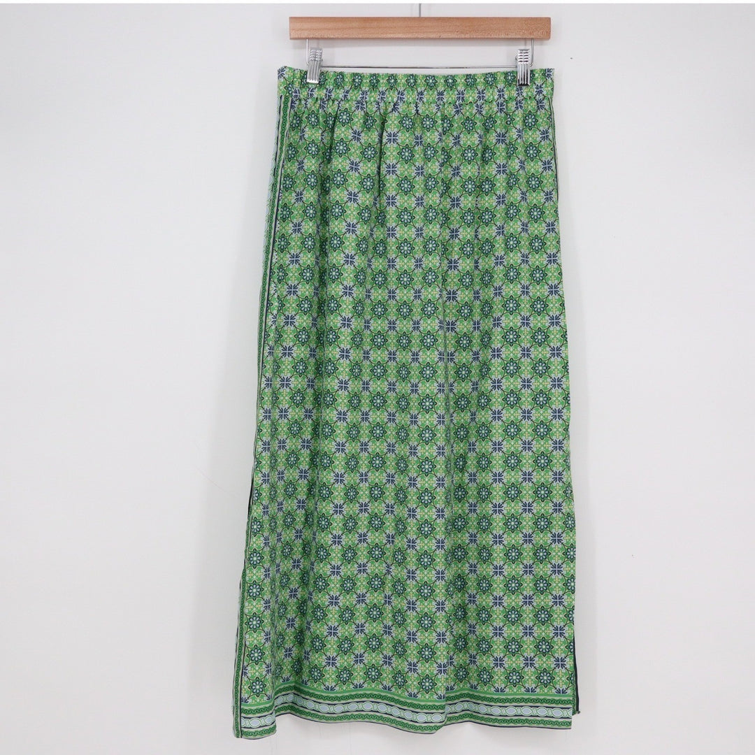 Max Studio Green Geometric Tile Print Maxi Skirt Side Slits Size M