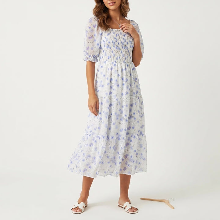 Sissyaki Blue Floral Smocked Midi Dress Square Neck Puff Sleeve Large