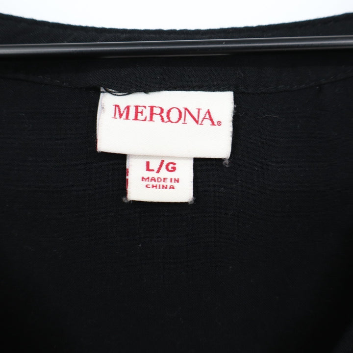 Merona Tunic Top Womens L Black Button Split Neck Roll Tab Sleeve Front Pocket