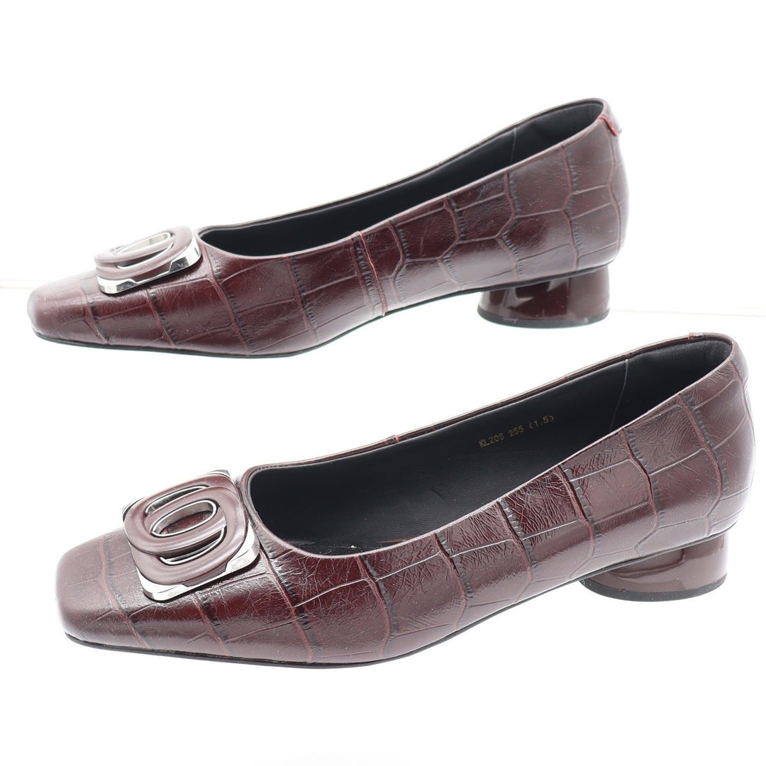 Vero Cuoio Burgundy Croc Embossed Leather Square Toe Buckle Low Block Heel 8