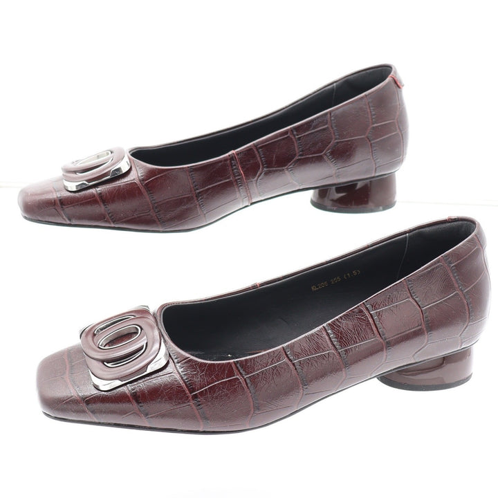 Vero Cuoio Burgundy Croc Embossed Leather Square Toe Buckle Low Block Heel 8
