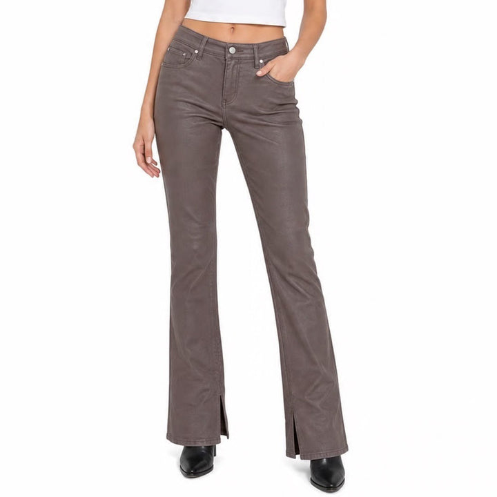 Express Skyscraper Mid Rise Brown Coated Split Hem Pants Womens 12R KLC4224