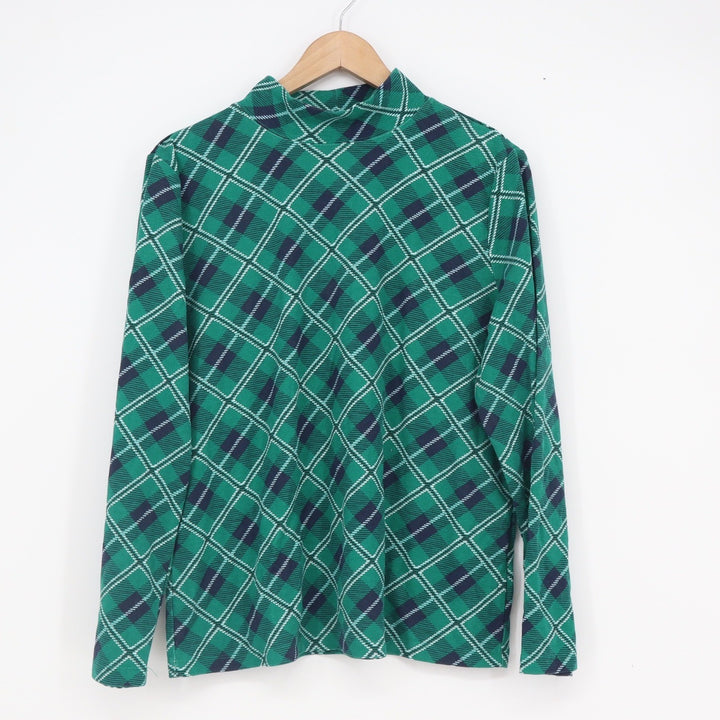Karen Scott Womens XL Green Navy Plaid Mock Neck Long Sleeve Jersey Top