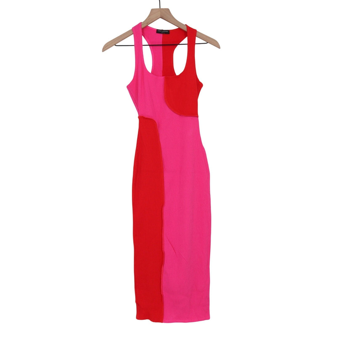 Naked Wardrobe Pink Red Colorblock Ribbed Midi Bodycon Dress M