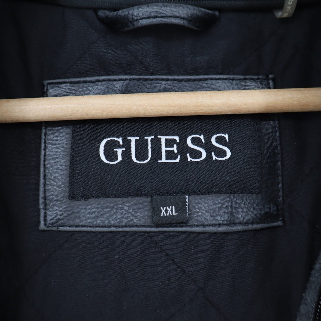 Guess Jacket Mens XXL Hooded Faux Leather Racer Black Moto Excellent