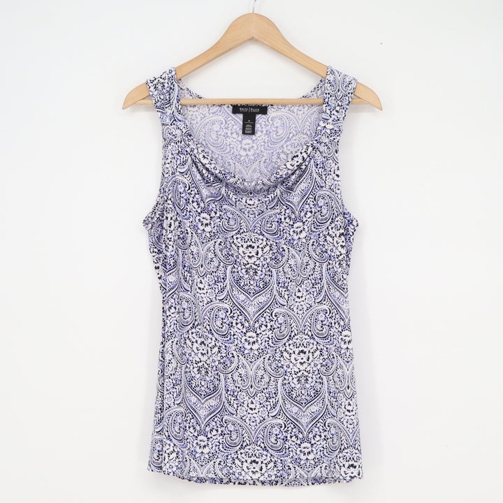 White House Black Market Blue Paisley Cowl Neck Sleeveless Top Womens Medium