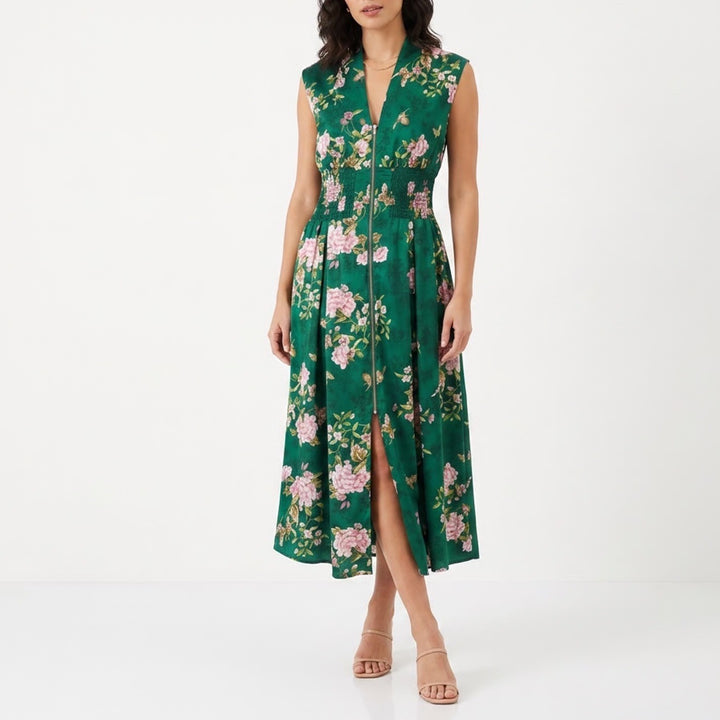 Fate Green Floral Butterfly Print Smocked Waist Zip Front Maxi Dress Small