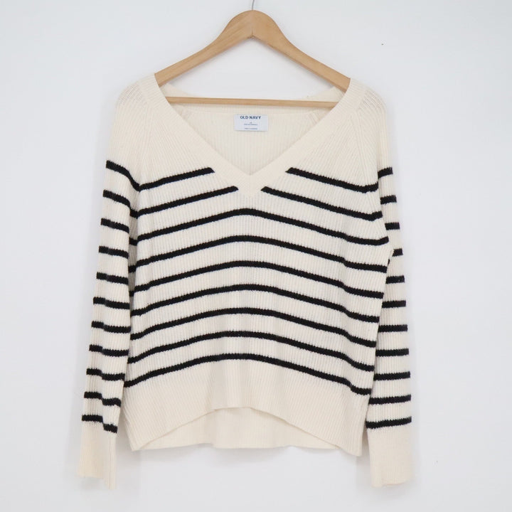 Old Navy Womens XS Cream Black Striped V-Neck Ribbed Knit Pullover Sweater