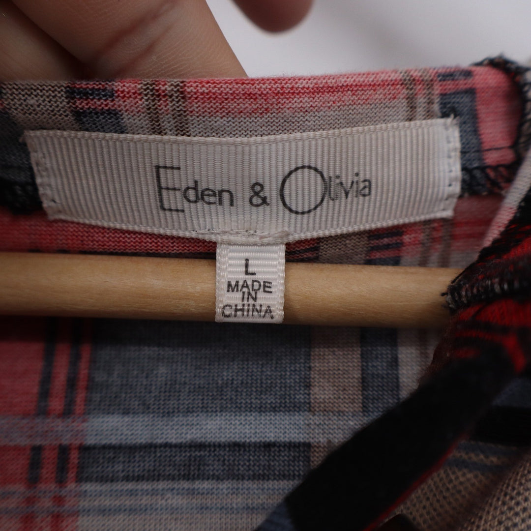 Eden & Olivia Red Plaid Henley Hoodie 3/4 Roll Tab Sleeve Top Womens Large