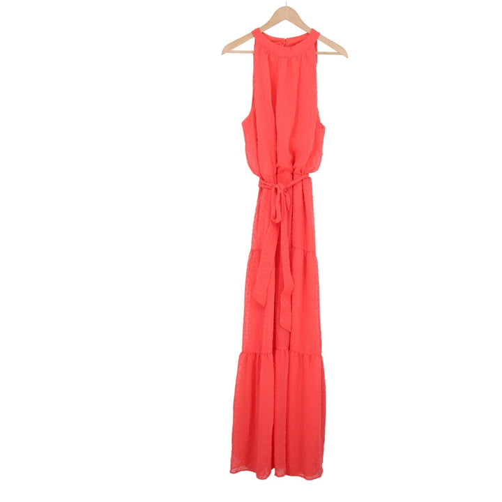 Julia Jordan Coral Swiss Dot Halter Maxi Dress Tiered Sleeveless Pink Size 16