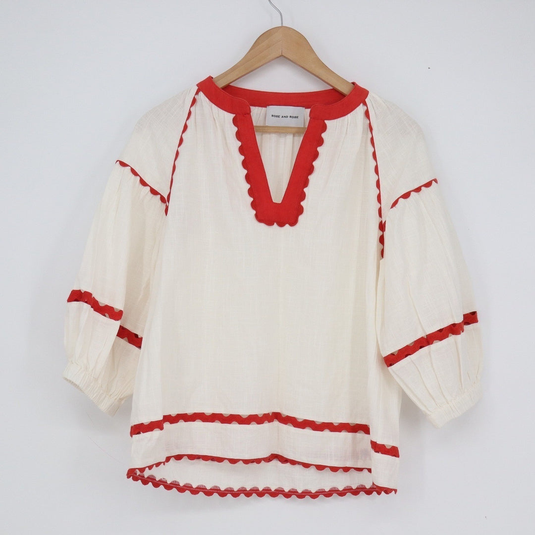 Rose and Rose Ivory Red Ric-Rac Trim Cotton Gauze Peasant Blouse Small Boho Top