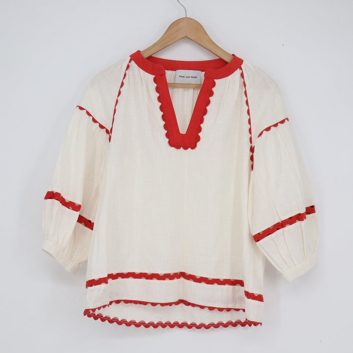 Rose and Rose Ivory Red Ric-Rac Trim Cotton Gauze Peasant Blouse Small Boho Top
