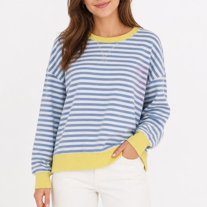 BTFBM Womens Blue White Striped Sweatshirt Yellow Trim Size L