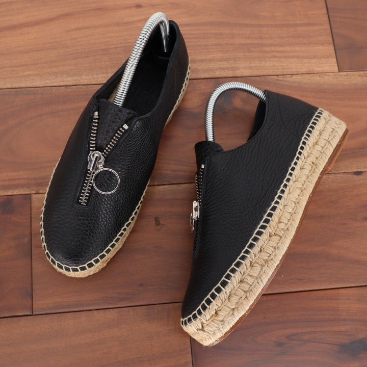 Alexander Wang Black Leather Zip Espadrille Flats Size 39