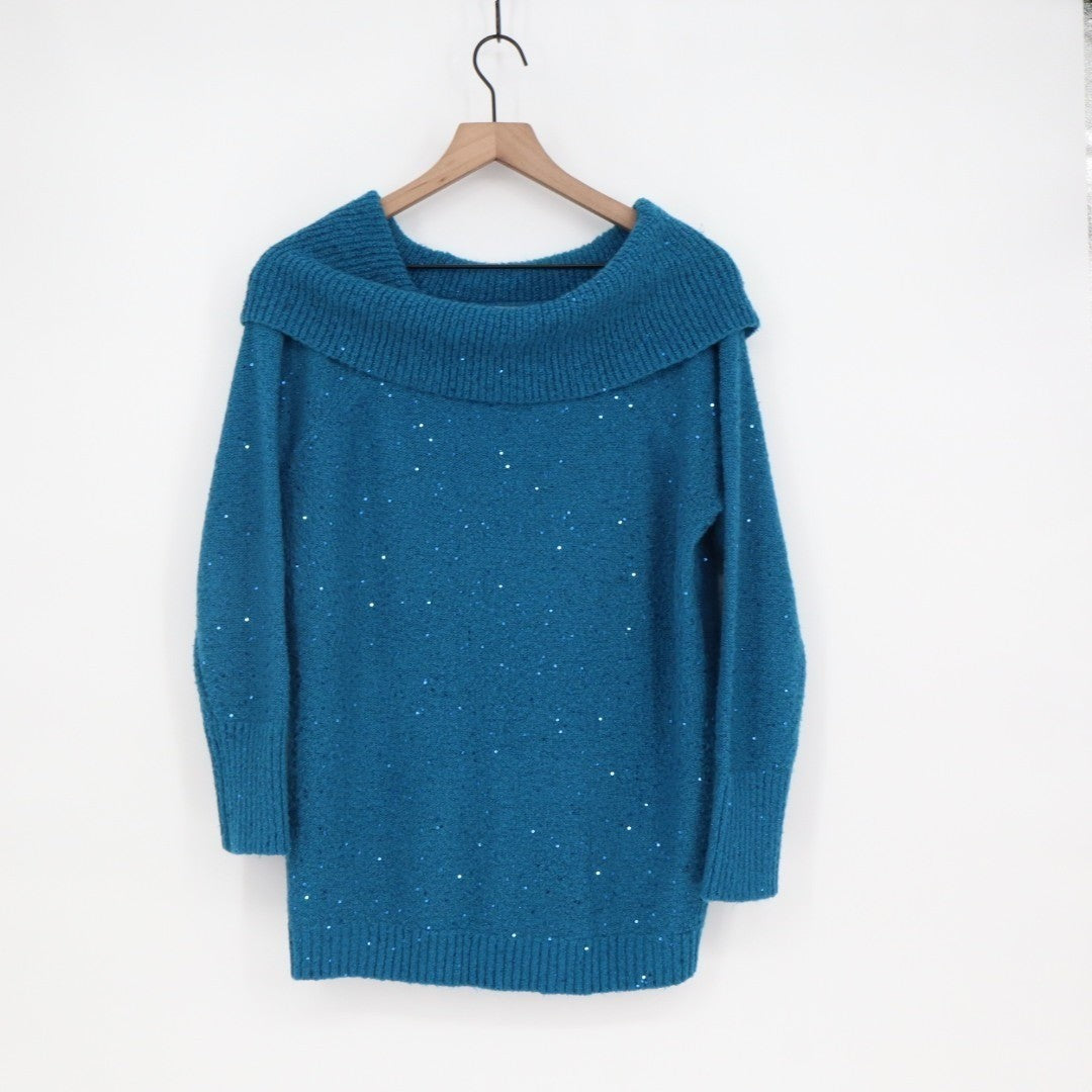Chico's Sweater Womens Large Berry Blue Knit Sequin Cowl Neck Ribbed Outdoor