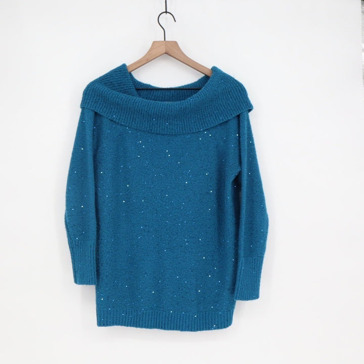 Chico's Sweater Womens Large Berry Blue Knit Sequin Cowl Neck Ribbed Outdoor